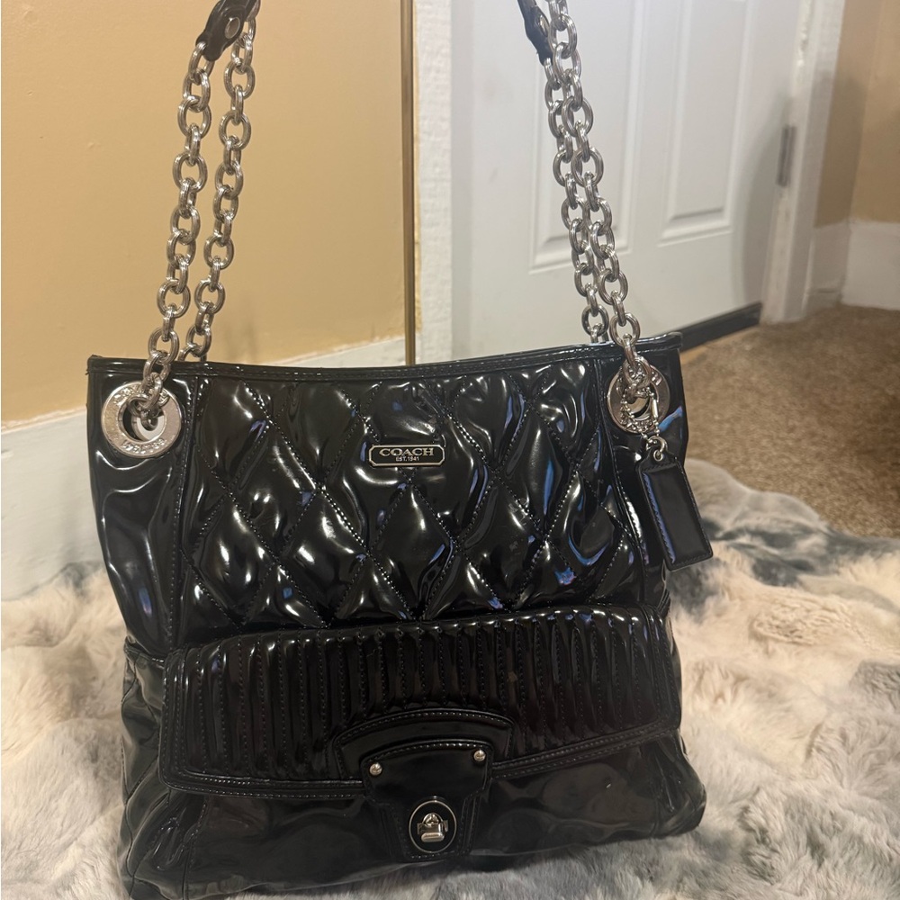 Coach Quilted Patent Leather Shoulder Bag in Black